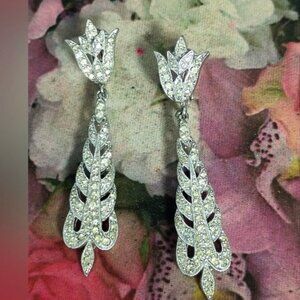 ❤️POLCINI Rhinestone Rhodium Plate Dangle Clip Dressy Earrings 2 1/2